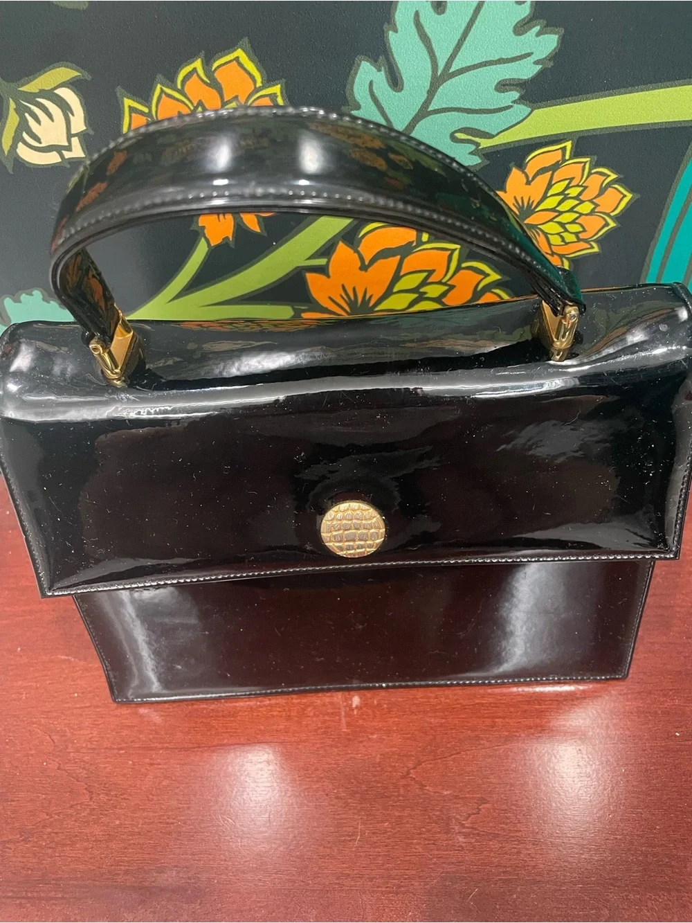 Vintage Bienen-Davis Black Patent Leather Top Handle Handbag with mirror